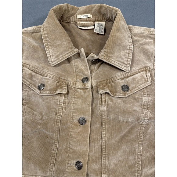 JACKET Women MEDIUM Tan Corduroy L/S METAL Button Up Trucker TAILORED WAIST - Picture 2 of 9